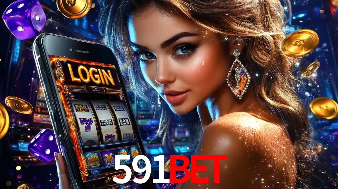 Mulher glamorosa segurando um smartphone com a tela de login para os jogos de caça-níqueis do cassino online 591bet, com moedas de ouro e dados ao redor.