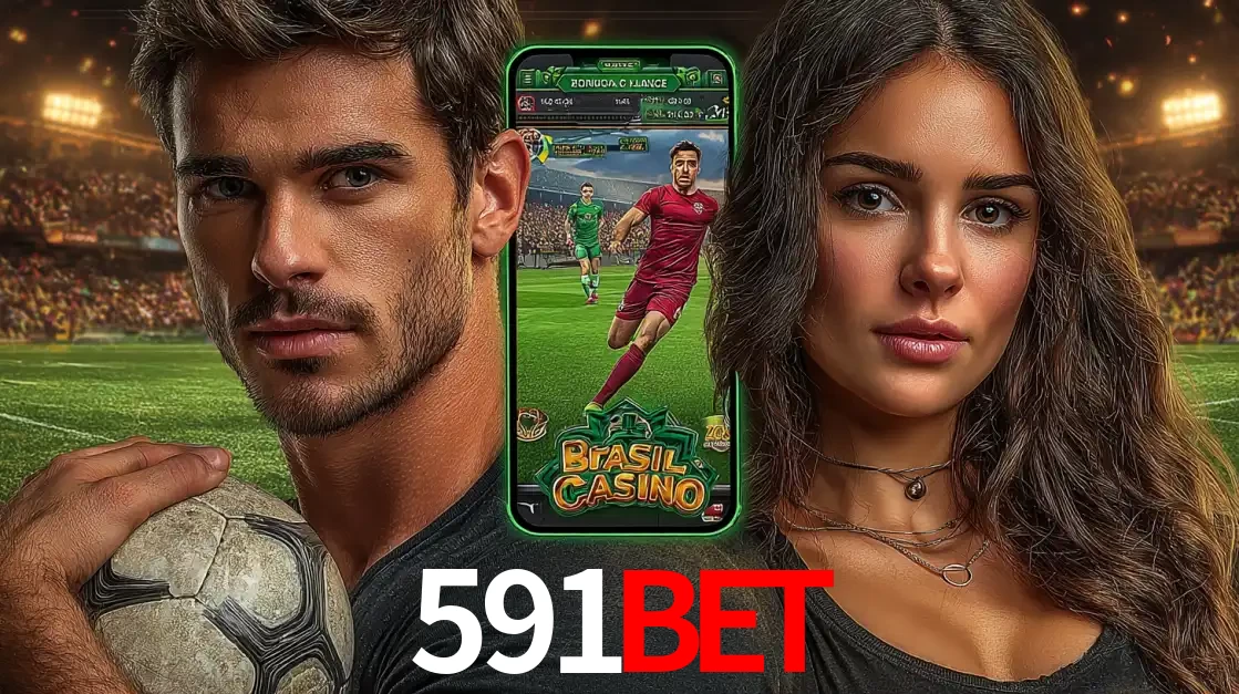 Homem segurando uma bola de futebol e uma mulher ao lado de um smartphone exibindo o jogo de apostas esportivas da 591bet. Faça seu palpite no cassino online.